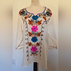 Beige Embroidered Tunic Top Cotton 3/4 Slevees XXL Summer Bikini Coverup